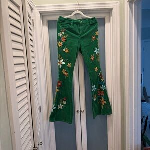DRIFTWOOD Green Floral Embroidered Flare Pants